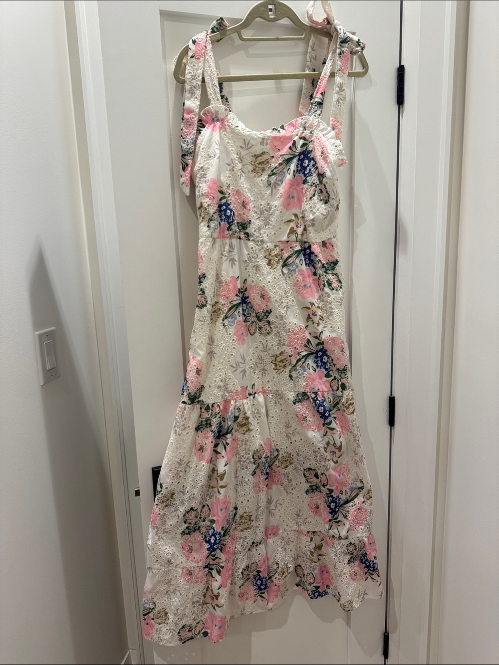 Chicwish White Eyelet Maxi Dress with Pink & Blue Floral Print